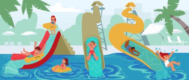 Neşeli çocuk karakterler, tropikal palmiye ağaçlarıyla dolu canlı su parkında su kaydırağında su sıçratır ve oynarlar. Çocuklar renkli su parkında kayarken eğleniyorlar. Çizgi film İnsanları Vektör İllüstrasyonu