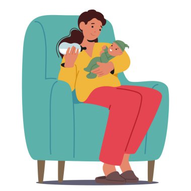Anne karikatür karakteri, yeni doğmuş bebeğini bir şişeyle beslerken rahat bir şekilde oturur ve anne ile çocuk arasındaki hassas bağa bir bakış atar.
