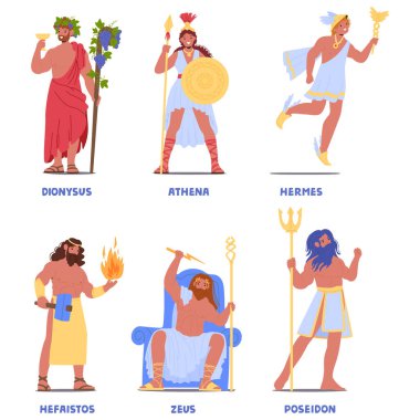 Zeus, Poseidon, Athena, Dionysus, Hermes ve Hephaestus 'u içeren Antik Yunan İlah Karakterleri Mitoloji ve Efsanevi Panteon Figürleri, Zengin Kültürel ve Tarihsel Özü Yakalama