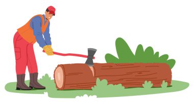 İşçi, geleneksel tahta kesme yöntemlerini göstermek için baltayla kütük kesiyor. Sahne, fiziksel emek ve ormandaki el aletlerinin kullanımı, Kereste Hazırlığı ve Yetenek Gösterme