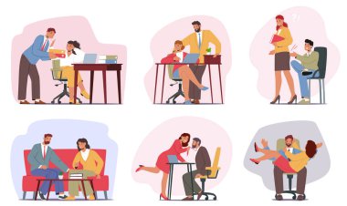 İş yerinde istenmeyen ilgi, cinsel taciz, saldırı, taciz davranışları. Uygunsuz meslektaşlar ve patron eylemleri, şiddet vektör illüstrasyonu olayları