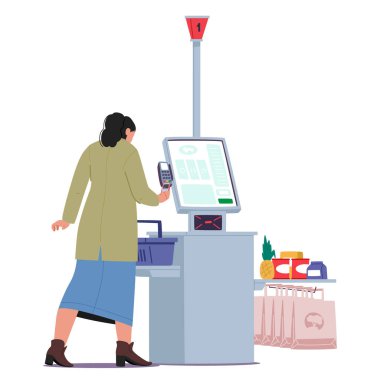 Woman customer cartoon character buying groceries food product using automated electronic self-checkout kiosk with pos terminal for payment vector illustration. Nowadays retail service in supermarket clipart