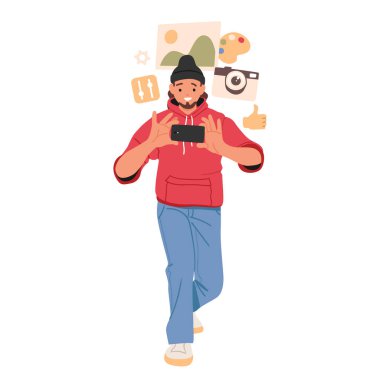 Yaratıcı genç adam çizgi film karakteri fotoğraf çekmek için akıllı telefonu kullanıyor, mobil dijital kamerayla video çekiyor. Sosyal ağ vektör illüstrasyonu için erkek kullanıcı fotoğrafı, kayıt ortamı