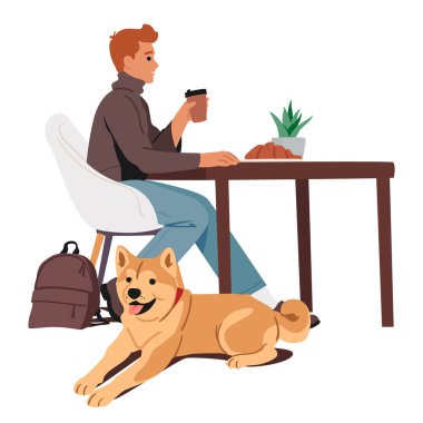 Kafe masasında köpeğiyle oturup kahve içen beyaz arka planda izole edilmiş tatlı, çıtır kruvasan çizgi filmi yiyen bir adam. Hayvan dostu ekoloji yeme alanı çevre vektör çizimi