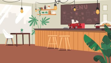 Çevre dostu, yeşil pantolonlu, tencere süslemeli ve ahşap mobilyalı, karikatür arka plan vektör resimli hiç kimse içeriyi boşaltamaz. Dinlenmek ve yemek yemek için şık bir yer.