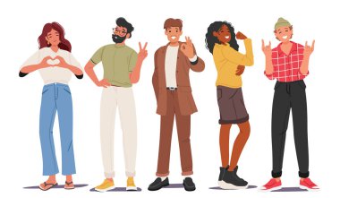 Farklı etnik çeşitlilikteki insanlar farklı pozitiflik gösteriyorlar ve elleri sıranın üzerinde duruyor. Moda adamları keyifli, neşeli sevgi, destek, tamam ve v işaretli vektör çizimi hissediyorlar.