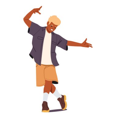 Mutlu ergen çocuk çizgi film karakteri dans ediyor enerjik bir şekilde hareket ediyor ve beyaz arka planda izole edilmiş bir eğlence ve neşe hissediyor. Moda partisi pozitif aktif adam break dans vektör illüstrasyonunda