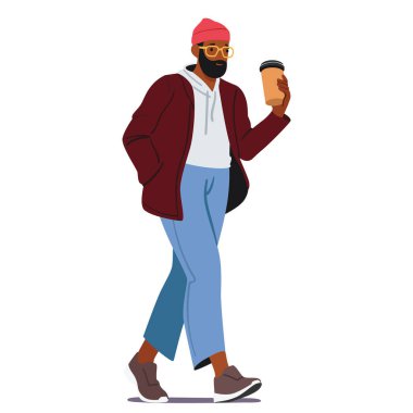 Moda sakallı, çizgi film karakteri elinde kahve fincanı olan beyaz arka planda yalnız yürüyen modacı. Günlük kıyafet vektörü çizimi giyen modaya uygun aktif genç bir adam.