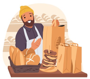 Profesyonel fırıncı, çizgi film karakteri, ev yapımı fırın ve hamur işi ürünleri reklamı. Mutlu aşçı dükkânı sahibi müşteri vektörü illüstrasyonu için taze ekmek siparişi vermiş.