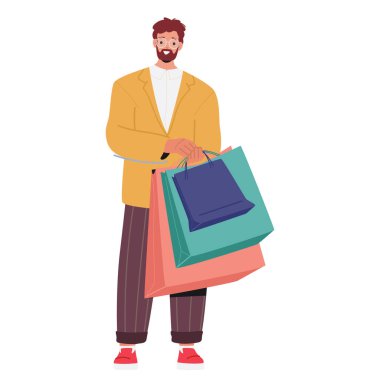 Zarif modacı, alışverişçi çizgi film karakteri beyaz arka planda izole edilmiş alışveriş torbalarıyla ayakta duruyor. Sıradan giyinen adam, vektör illüstrasyonundan memnun.
