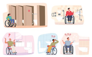 Special conditions of lavatory room service for inclusive people fulfillment and non-fulfillment scene set. Male and female characters with physical disability in wheelchair at WC vector illustration clipart