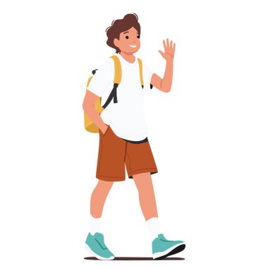 Sırt çantası taşıyan liseli çocuk çizgi film karakteri beyaz arka planda tek başına ders çalışmaya gidiyor. Mutlu gülümseyen pozitif öğrenci eğitim süreci vektör ilüstrasyonuna hazır