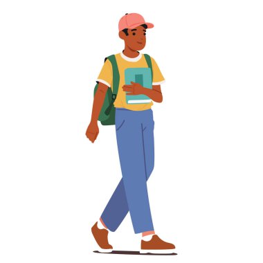 Öğrenci çizgi film karakteri, elinde kitapla sırt çantasında eğitim malzemesi taşıyor beyaz arka planda izole bir şekilde okula gidiyor. Gözbebeği günlük kıyafet vektör illüstrasyonu