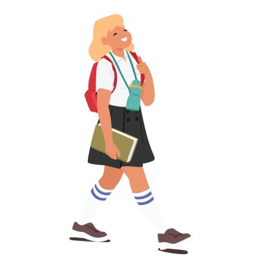 Güzel gülümseyen ilkokul öğrencisi kız çizgi film karakteri beyaz arka planda izole bir şekilde ders çalışacak. Sırt çantası, su şişesi ve ders kitabı çizimi olan bir kız öğrenci.