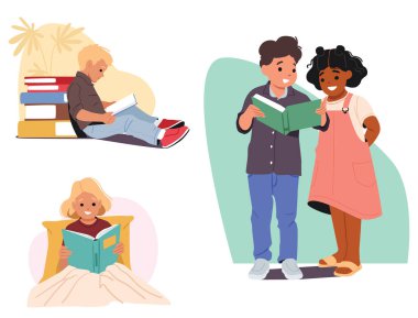 Çocuk çizgi film karakteri yalnız başına kitap okuyor ve arkadaşlarıyla farklı bir durum sahnesinde. Çocuklar evde, kütüphanede ya da anaokulu vektör ilüstrasyonunda entellektüel hobi faaliyetlerini seviyorlar.