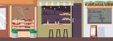 Pastane, fast food kafe, Cafe City sokağı pazar yeri, dış bina, karikatür sahnesi için hazırlanmış ürünler. Küçük işletme ve servis vektörü illüstrasyonu