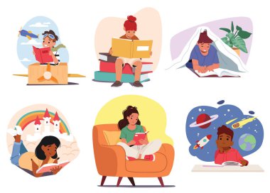 Küçük kitap severler, çizgi film karakterleri. Masal, bilim, masal seti okuyorlar. Çalışan, eğlenen ve edebiyat vektörü illüstrasyonuyla hayal gücünü geliştiren neşeli çocuklar.