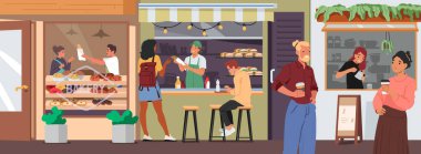 Sokak fırınına, kafeye, bistro kantin vektör illüstrasyon karikatürü sahnesine gelen insanlar. Küçük işletme dış cephe inşaatı, satıcılar satış yapıyor ve müşteriler ürün satın alıyor