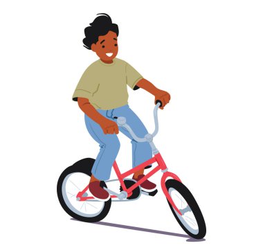 Beyaz arka planda iki tekerlekli bisiklete binen sevimli aktif çocuk çizgi film karakteri. Cesur küçük anaokulu çocuğu hızlı bisiklet sürüyor. Spor hobisinin tadını çıkarıyor. Açık hava vektör illüstrasyonu.