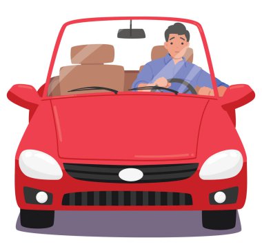 Genç sürücü çizgi film karakteri araba sürerken beyaz yolda tek başına araba yolculuğunun tadını çıkarıyor. Otomobil süren mutlu erkek turist tatil macerası ve tatil yolculuğu illüstrasyonu