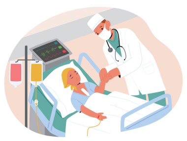 Endişeli doktor bileklerindeki nabzı hissediyor. Hastane koğuşunda yatan küçük kanser hastasında yaşam belirtilerini kontrol ediyor. Çocukluk onkoloji tedavisi ve önleme terapisi vektör çizimi