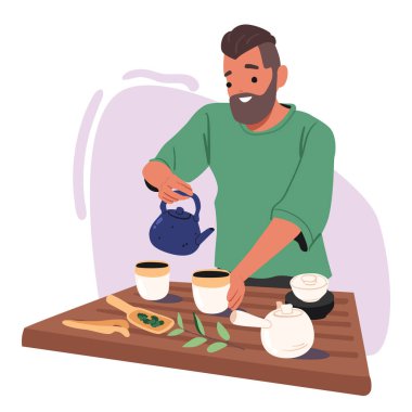 Geleneksel Asya çayı demleyen hippi çaydanlıktan bardağa sıcak su dökerek otantik oryantal oryantal törensel vektör ilüstrasyon sahnesi için aroma içeceği yapıyor. Doğu geleneği ve kültür kavramı