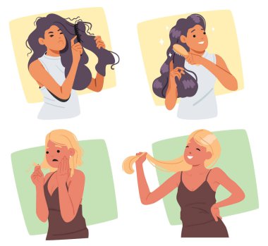 Saç şekillendirme, saç düzeltme ve hasarlı kadın saç çizgisi seti için tedavi prosedürü. Kadın kuaför dönüşüm vektörü illüstrasyonu için profesyonel tıbbi ve kozmetoloji terapisi