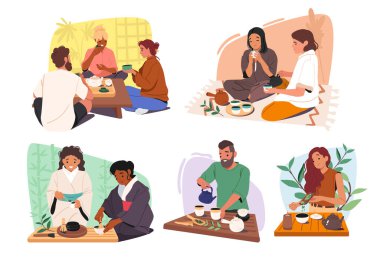 İnsanlar çizgi karakterleri geleneksel Asya çay töreni vektör illüstrasyonunun keyfini çıkarıyorlar. Mutlu arkadaşlar sıcak bitkisel içecek içiyor, kimonolu kadınlar ve içki hazırlayan bekar erkek.