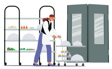 Üniformalı kadın garson, yeni pişmiş yemeklerle servis edilen servis arabasıyla çizgi film sahnesini itiyor. Profesyonel mutfak personeli, ticari yemek servisi ve konukseverlik.