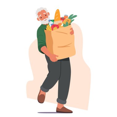 Mutlu son sınıf çizgi film karakteri, hafta sonu vektör ilüstrasyonunda alışveriş rutininin tadını çıkaran alışveriş paketleriyle dolu büyük bir alışveriş poşeti taşıyor. Emeklilik yaşam tarzı