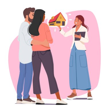 Genç bir aile, emlakçı kadınla yeni bir ev karikatürü satın almak hakkında konuşuyor. Profesyonel komisyoncu ve çift arama ve seçim vektörü illüstrasyonu nedeniyle bir araya geliyor