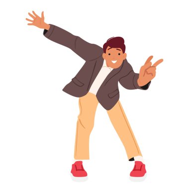 Beyaz arka planda izole edilmiş zafer işareti el hareketi yapan neşeli, genç bir adam. Neşeli enerjik milenyum erkek çizgi film karakteri. Pozitif duygu vektörü çizimi yapıyor.