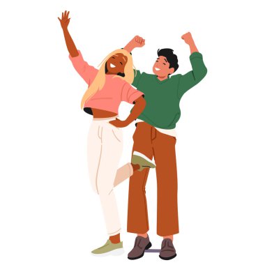 Mutlu, değişik stil sahibi kadın ve erkek çizgi film karakterleri, gülen arkadaş karakterleri, beyazlar üzerinde izole bir şekilde duruyorlar. Neşeli gençler el kaldırıyor ve vektör illüstrasyonunu kutluyorlar.