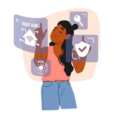 Genç bir kadın akıllı ev uzaktan kumandalı sanal panel kullanıyor. Güvenlik evi erişimi, wi-fi teknolojisi, apartman iklimi düzenlemesi ve iot ekipman vektör çizimi