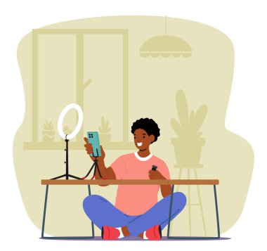 Genç çocuk çizgi film karakteri yaratıcı sosyal medya ağı içeriği oluşturarak canlı yayın vektörü illüstrasyonu yapıyor. Evde cep telefonu kamerasının önünde oturan genç blogcu.