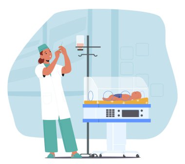 Profesyonel kadın doktor neonatolojist pediatrik klinik vektör ilüstrasyonunda doğum öncesi bebek için acil tıbbi bakım sağlıyor. Prematüre ve canlandırma kavramı