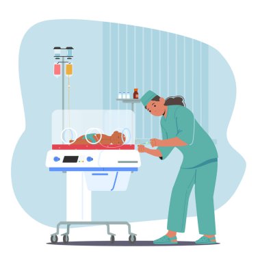 Hemşire yoğun terapi koğuşunda inkübatörde yatan prematüre bebeğe yoğun bakım sağlıyor. Doktor neonatolojist, prematüre doğum vektörü çiziminden sonra tıbbi sorunları ortadan kaldırıyor.