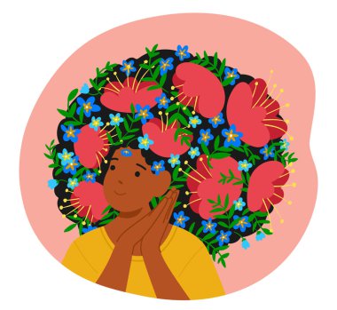 Saçları gelincik desenli ve nonoşlar gibi çiçeklerle süslenmiş romantik bir çizgi film karakteri. Mutluluk, ilham ve kendini sevdiren bir vektör çizimi. Kadın doğal güzellik konsepti