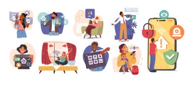 Çeşitli insanlar çizgi film karakterlerini akıllı ev kontrolü için modern akıllı telefon teknolojisi uygulaması kullanarak izole edilmiş karikatür sahnesi seti. Ev aletleri otomasyon sistemi uzaktan yönetim vektör çizimi