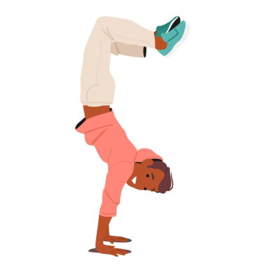 Genç çocuk çizgi film karakteri baş aşağı duruyor ve ilham verici bir ruh hali çizimi yapıyor. Şen şakrak genç adam seviniyor motivasyon, heyecan ve keyif.