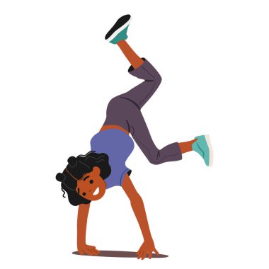 Küçük aktif kız çocuk çizgi film karakteri beyaz arka planda elleri üzerinde baş aşağı yürüyor. Heyecan vektörü illüstrasyonuyla oynayan sevimli yaramaz kız öğrenci.