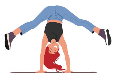 Komik, mutlu, modaya uygun genç kadın çizgi film karakteri amuda kalkarak jimnastik öğe vektör çizimi yapıyor. Komedyen genç bayan sporcu baş aşağı duruyor, dengede duruyor.