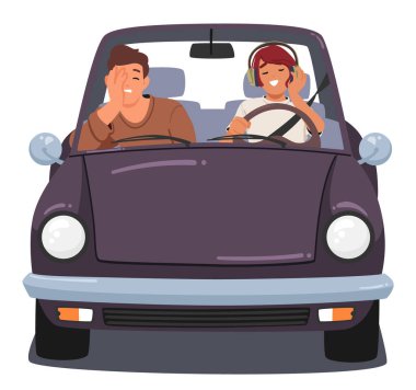 Araç vektör çizimi ile seyahat eden çift beyaza izole edilmiş. Kız arkadaşlar kulaklıkla müzik dinleyip şarkı söylüyorlar. Sinirli erkek arkadaş, riskli taşınma yüzünden sıkılmış, yorgun ve endişeli hissediyor.