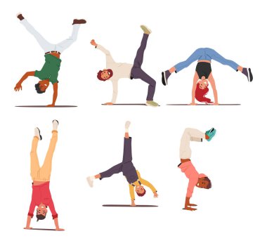 Çeşitli pozisyondaki farklı genç insanlar çeşitli konum vektör illüstrasyonlarında baş aşağı duran aktif çizgi film karakterleri. Etkileyici erkek ve kadın, mutlu ve heyecanlı bir şekilde amuda kalkarken yalnız hissediyorlar.