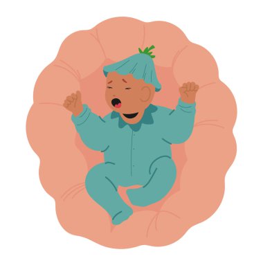 Sevimli, tapılası, yeni doğmuş bebek gözyaşları içinde ağlıyor mutsuz, üzgün, aç ya da uykulu vektör çizimi yapıyor. Küçük bir çocuk ebeveynlerinin ilgisizliği yüzünden kaygı ifadesi sergiliyor.