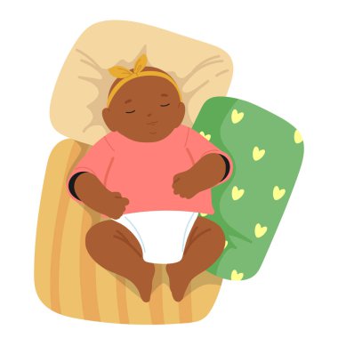 Yeni doğmuş sağlıklı bir kız çocuğu yastıklarla yatakta uyuyor. Gece uykusunun ve tatlı rüyalar çiziminin tadını çıkarıyor. Kaygısız çocukluğun ve ergenlik zamanın kutlu olsun. Bebek partisi arka planı