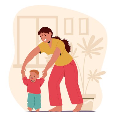 Anne, yeni doğan oğluna ilk adımlarını atmasını öğretiyor. Mutlu aile zamanlarının tadını çıkarıyor. Anne, bebeğe yürüme becerisi kazandırmak için el ele tutuşuyor.