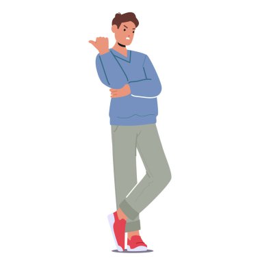 Öfkeli adam, alnının çatık olması, el kol hareketi, baş parmağıyla geriye dönük, bembeyaz bir şekilde duruyor. Sert yüz ifadesi olan erkek çizgi film karakteri onaylanmamış vektör çizimi hissediyor