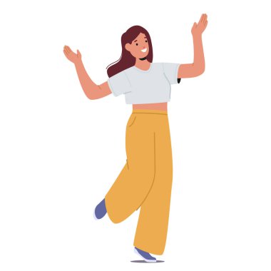 Genç, neşeli bir kadın çizgi film karakteri kaygısız ve neşeli dans ederken beyaz ellerle izole edilmiş. Kadın bireyselliği, pozitif düşünce, romantik durum vektörü çizimi