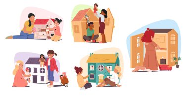 Sevimli küçük kız, sıkıntılı ve kardeş, anne ve kız bebek evi ile oynayan evde izole edilmiş sahne seti. Mutlu çocukluk, çocuklar oyun eğlencesi ve eğlenceli aktivite vektör çizimi